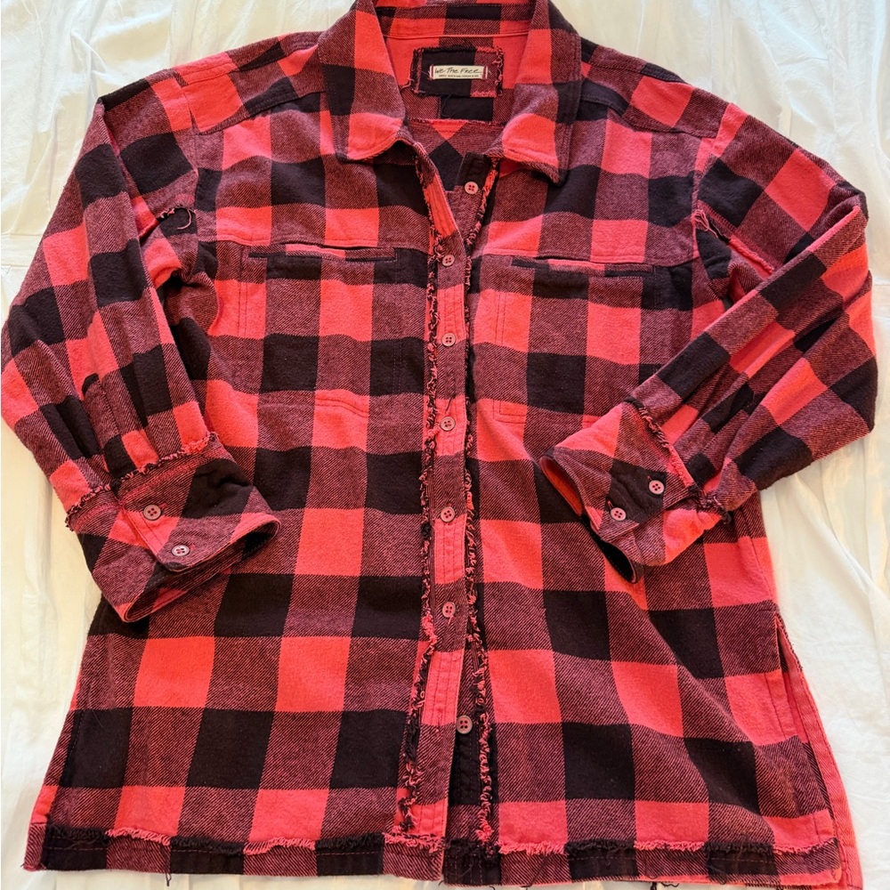 We The Free Pink and Black Oversized Plaid Shirt